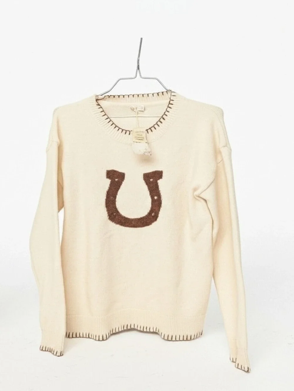 Hem & Thread Cream Knit Sweater with Brown‎ Horseshoe